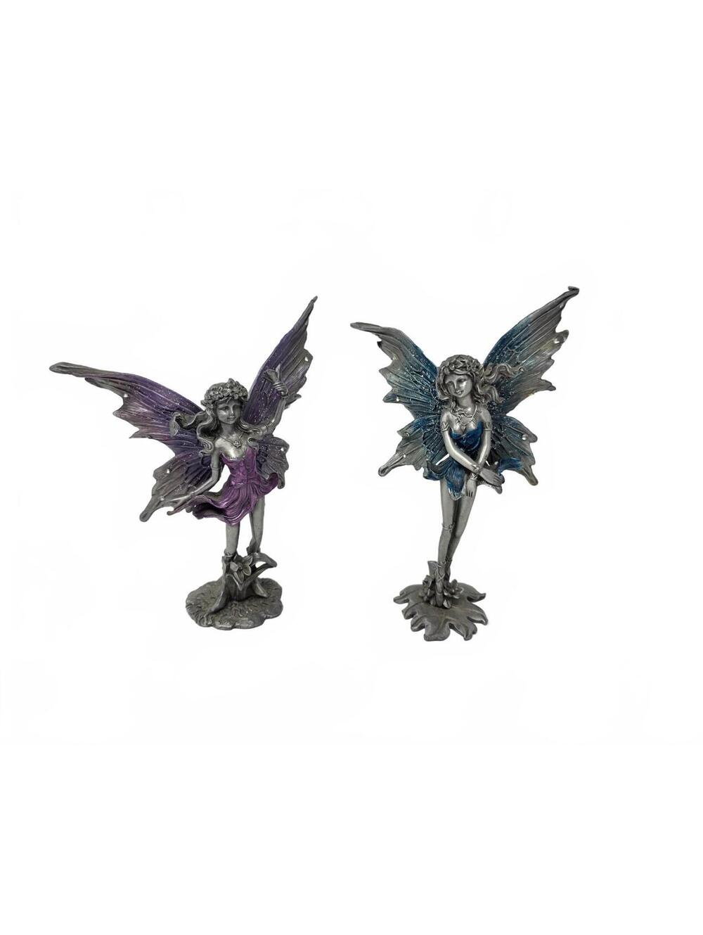 Blue and Purple Cast Metal Fairy Figurines Pair Glitter Rhinestone Wings